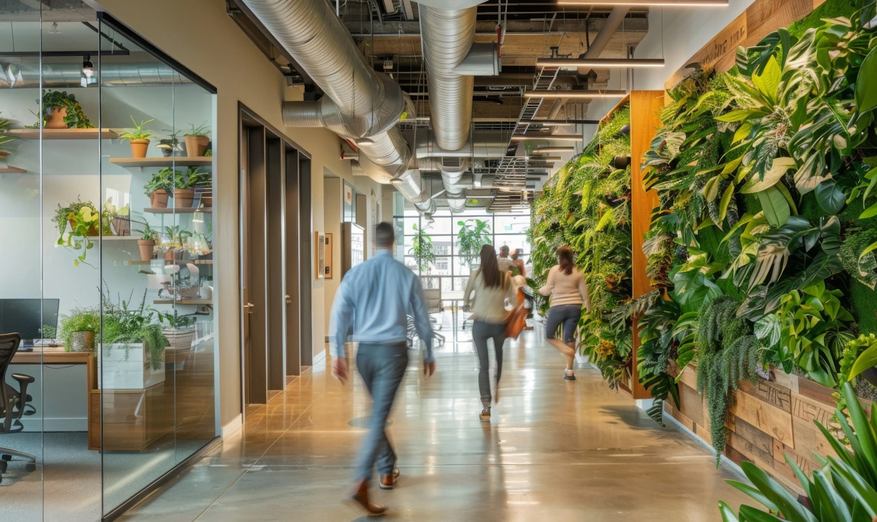 People in an healthy office with plants